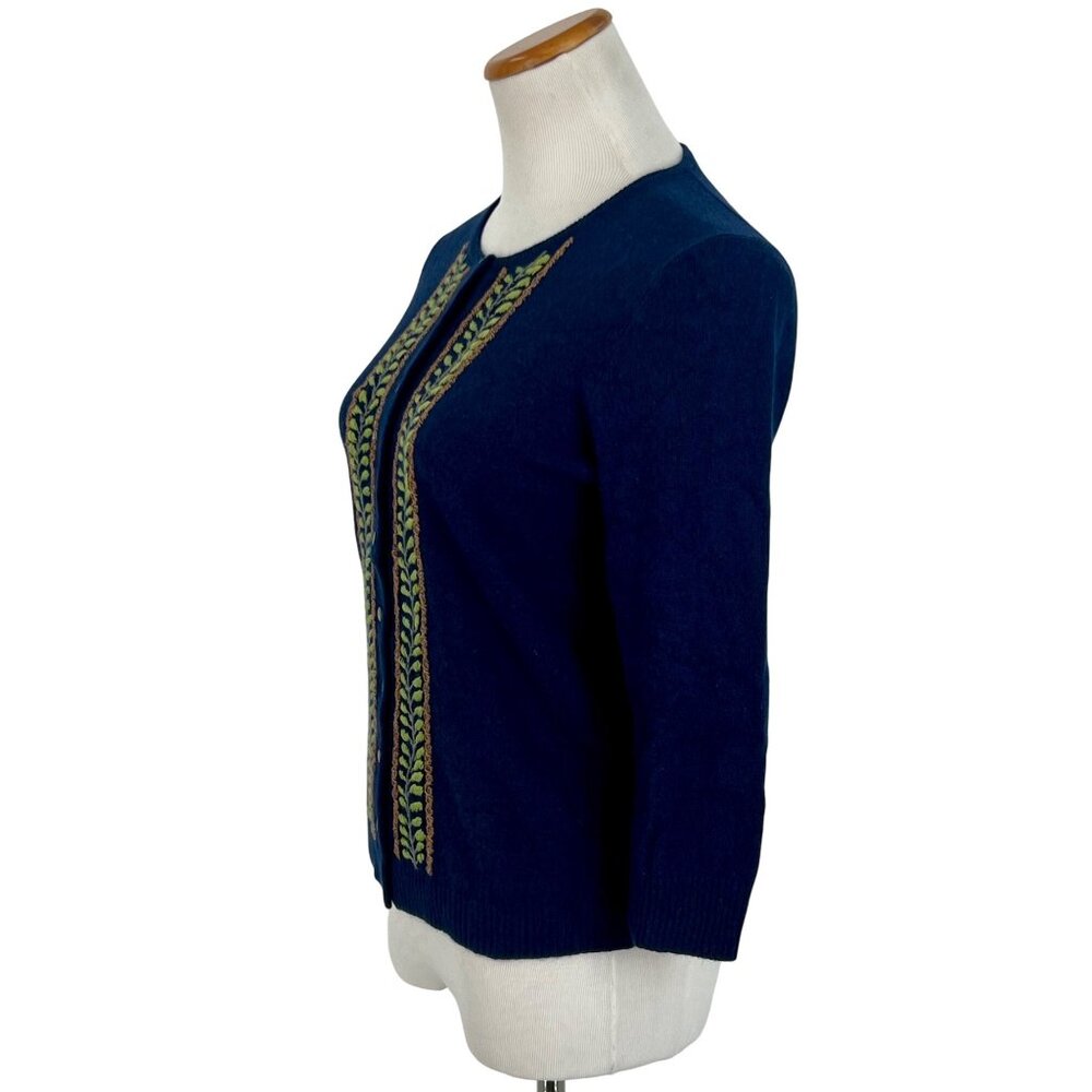 J. Crew Blue Embroidered & Beaded Cashmere Blend Button Front Cardigan • Preppy - Picture 7 of 14